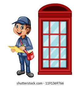 Delivery Postman with Mail Bag and Papers to Sign Near the Red Telephone Booth Isolated on White Background. Happy Courier Delivering Mails. Cartoon Vector Illustration. Fast Delivery Service Concept