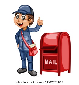 Delivery Postman with Mail Bag Showing Thumb Up Near a Red Mailbox Isolated on White Background. Happy Courier Delivering Mails. Cartoon Vector Illustration. Fast Delivery Service Concept 