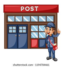 Delivery Postman with Mail Bag Showing Thumb Up  in Front of a Post Office Isolated on White Background. Happy Courier Delivering Mails. Cartoon Vector Illustration. Fast Delivery Service Concept 