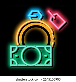 delivery of precious ring to pawnshop neon light sign vector. Glowing bright icon delivery of precious ring to pawnshop sign. transparent symbol illustration