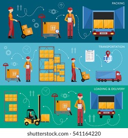 infografías del proceso de entrega. Ilustración vectorial del concepto de gestión de almacenes. Banners de envío y entrega.