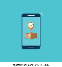 Delivery Process Notification On Mobile Phone. Express Delivery, Home Delivery, Contactless And Order Curbside Pickup. Vector Illustration