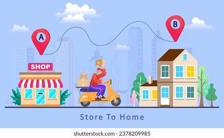 Delivery process with scooter from store to your home concept vector illustration. Fast delivery. deliveryman and house. online order tracking. City logistics. Motorcycle Service to Home. 