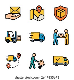 El proceso de entrega se muestra con iconos. Ilustración de símbolo de icono