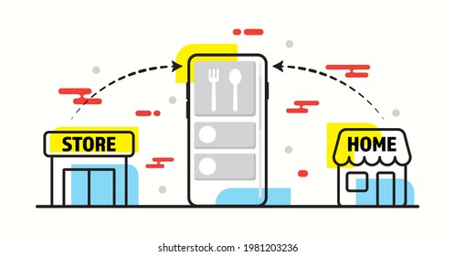 Delivery Process of store to buy a food by your smartphone. Shopping online step. Shopping online applications. Transportation concept. Business concept. Logistic technology. Outline stoke style.  