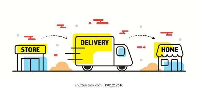 Delivery Process. Delivery truck from store to your home. Shopping online step. Shopping online applications. Transportation concept. Business concept. Logistic technology. Outline stoke style.  