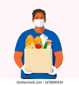 Delivery of the product during quarantine.Food delivery.Men carrie a paper bag from a supermarket with groceries.Vector illustration.