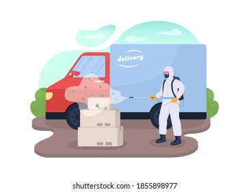 Delivery products disinfection 2D vector web banner, poster. Courier in protection uniform flat character on cartoon background. Pandemic lockdown precaution printable patch, colorful web element