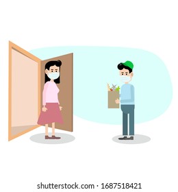 Delivery of products to the house, to the apartment.The courier delivers the products during the quarantine.Flat illustration.Vector illustration