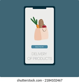 DELIVERY OF PRODUCTS. Delivery Parcel To Home. Buying Grocery, Food, Medicine Essential Items To The Doorstep Shopping Online Concept. Express Delivery. Vector Illustration.