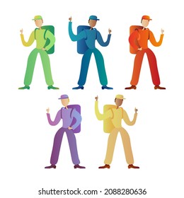 Delivery providers in different shapes according to color. Business character. Joyful worker.