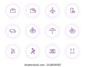 delivery purple color outline vector icons on light round buttons with purple shadow. delivery icon set for web, mobile apps, ui design and print