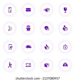 delivery purple color vector icons on light round buttons with purple shadow. delivery icon set for web, mobile apps, ui design and print