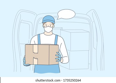 Delivery, quarantine, covid19, coronavirus, infection concept. Young man or boy supplier in medical face mask standing with mail box package looking at camera. Home food delivery on 2019 ncov lockdown