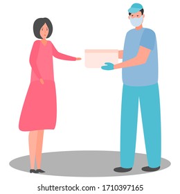 Delivery quarantine service house. Medical mask vector icon. Courier door delivery. Face pollution mask. Cartoon flat vector illustrations.