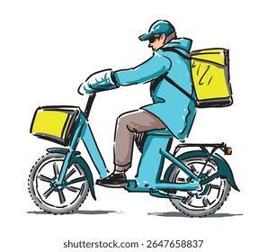 Entrega de refeições prontas, pizza, fast food, um homem em ciclomotor andando ao longo da rua da cidade, carregando mercearias de caixa, ilustração de vetor desenhada à mão isolada no branco