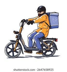 Entrega de refeições prontas, pizza, fast food, um homem em ciclomotor no capacete cavalgando ao longo da rua da cidade, carregando mercearias de caixa, ilustração vetor realista desenhada à mão isolada no branco