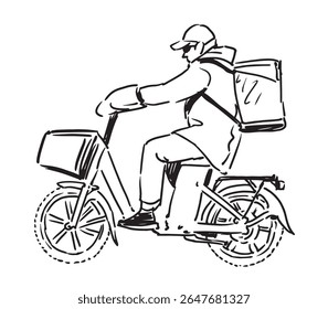 Entrega de refeições prontas, pizza, fast food, um homem em ciclomotor andando ao longo da rua da cidade, carregando mercearias de caixa, contorno desenhado à mão ilustração vetor isolado no branco