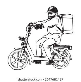 Entrega de refeições prontas, pizza, fast food, um homem em ciclomotor no capacete cavalgando ao longo da rua da cidade, carregando compras de caixa, contorno desenhado à mão ilustração vetor realista isolado no branco