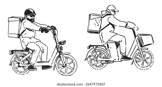 Entrega de refeições prontas, pizza, fast food, dois homens em ciclomotores andando ao longo da rua da cidade, carregando mercearias de caixa, contorno desenhado à mão ilustração vetor realista isolado no branco