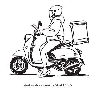 Entrega de refeições prontas, pizza, fast food, uma pessoa em ciclomotor andando ao longo da rua da cidade, carregando mercearias de caixa, esboço realista, ilustração de vetor isolado no branco
