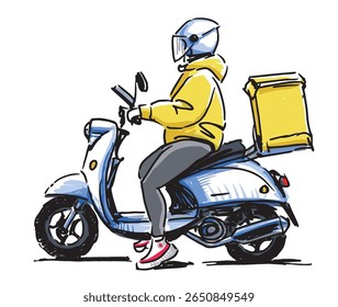 Entrega de refeições prontas, pizza, fast food, uma pessoa em ciclomotor andando ao longo da rua da cidade, carregando mercearias de caixa, ilustração de vetor realista desenhada à mão isolada no branco