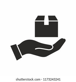 Delivery, receiving a package. Hand holding box. Vector icon.