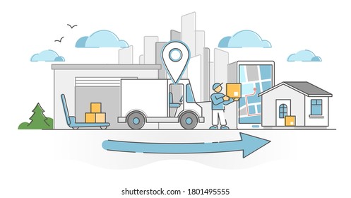 Delivery receiving process as transportation and shipping outline concept. Cargo boxes tracking with location app vector illustration. Courier with package truck as orders parcel distribution express.