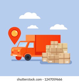 Delivery red car with boxes. Logistic tracking shipping concept. Vector flat cartoon design graphic isolated illustration