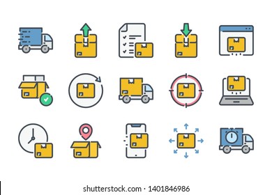 Delivery related color line icon set. Export and import colorful linear icons. Logistic flat color outline vector signs and symbols collection.