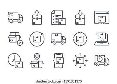 Delivery related line icon set. Export and import linear icons. Logistic outline vector signs and symbols collection.