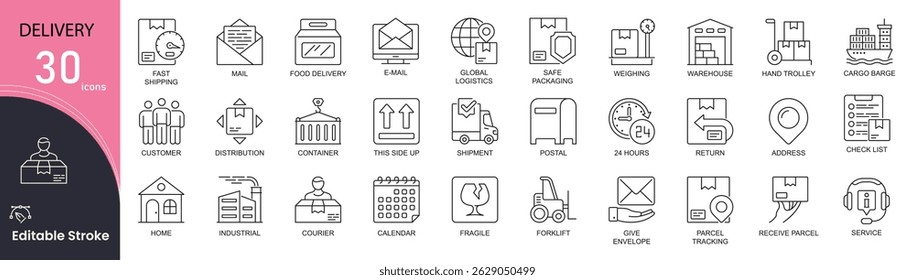 Conjunto de ícones de linha relacionados à entrega. Empacotar pictogramas esboço de e-shopping, e-mail, logística global, embalagem segura, carga, transporte rápido e outros. Traço editável . Ícones da estrutura de tópicos