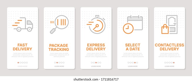 Delivery related vertical cards. Mobile app onboarding screens. Templates for a website. Icons with editable stroke
