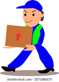 Delivery or relocation removals cartoon flat vector man carrying a box with an up arrow isolated on a white background. He is wearing a cap and high visibility jacket.