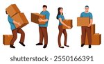 Delivery and relocation service, flat illustration of person worker isolated on white background. Flat illustration Men and Women courier carrying carton box. Loader going, holding cardboard.