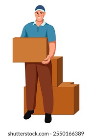 Delivery and relocation service, flat illustration of person worker isolated on white background. Flat illustration man courier carrying carton box. Loader going, holding cardboard.