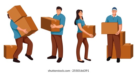 Serviço de entrega e realocação, ilustração plana de trabalhador pessoal isolado no fundo branco. Ilustração plana Homens e Mulheres mensageiro carregando caixa de papelão. Carregador indo, segurando cartão.