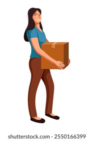 Delivery and relocation service, flat illustration of person worker isolated on white background. Flat illustration girl courier carrying carton box. Loader going, holding cardboard.