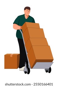 Delivery and relocation service, flat illustration of person worker isolated on white background. Flat illustration man courier carrying carton box. Loader going, holding cardboard.