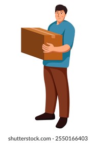 Delivery and relocation service, flat illustration of person worker isolated on white background. Flat illustration man courier carrying carton box. Loader going, holding cardboard.
