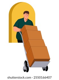 Delivery and relocation service, flat illustration of person worker isolated on white background. Flat illustration man courier carrying carton box. Loader going, holding cardboard.
