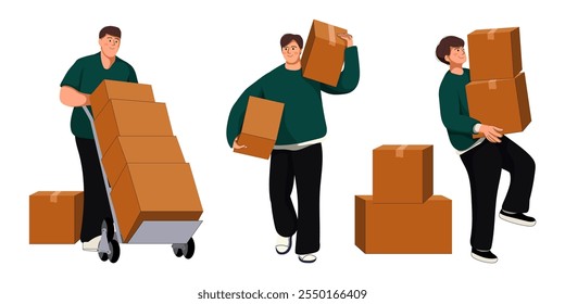 Delivery and relocation service, flat illustration of person worker isolated on white background. Flat illustration man courier carrying carton box. Loader going, holding cardboard.