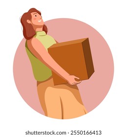 Delivery and relocation service, flat illustration of person worker isolated on white background. Flat illustration girl courier carrying carton box. Loader going, holding cardboard.