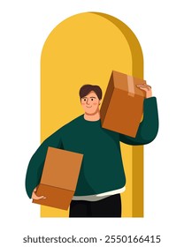 Delivery and relocation service, flat illustration of person worker isolated on white background. Flat illustration man courier carrying carton box. Loader going, holding cardboard.