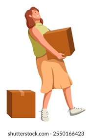 Delivery and relocation service, flat illustration of person worker isolated on white background. Flat illustration girl courier carrying carton box. Loader going, holding cardboard.