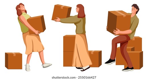 Delivery and relocation service, flat illustration of person worker isolated on white background. Flat illustration Men and Women courier carrying carton box. Loader going, holding cardboard.