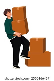 Delivery and relocation service, flat illustration of person worker isolated on white background. Flat illustration man courier carrying carton box. Loader going, holding cardboard.