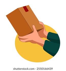 Delivery and relocation service, flat illustration of person worker isolated on white background. Flat illustration hands courier carrying carton box. Loader going, holding cardboard.