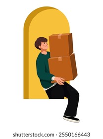 Delivery and relocation service, flat illustration of person worker isolated on white background. Flat illustration man courier carrying carton box. Loader going, holding cardboard.