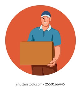 Delivery and relocation service, flat illustration of person worker isolated on white background. Flat illustration man courier carrying carton box. Loader going, holding cardboard.
